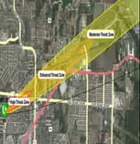 Athena Mobile CAD Map creating plumes to show threat zone chemical spills integrated with ALOHA software